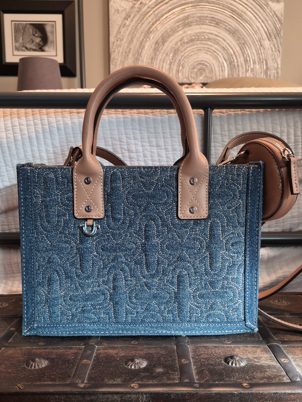 True Religion Denim Tote Bag with Tan Leather Handles Crossbody Coin Purse NEW